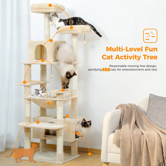 Spacious Cat Tower with Sisal Scratching Posts and Condos
