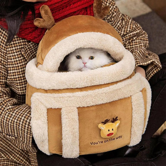 Winter Pet Backpack Carrier Plush Elk Design for Cats Puppies