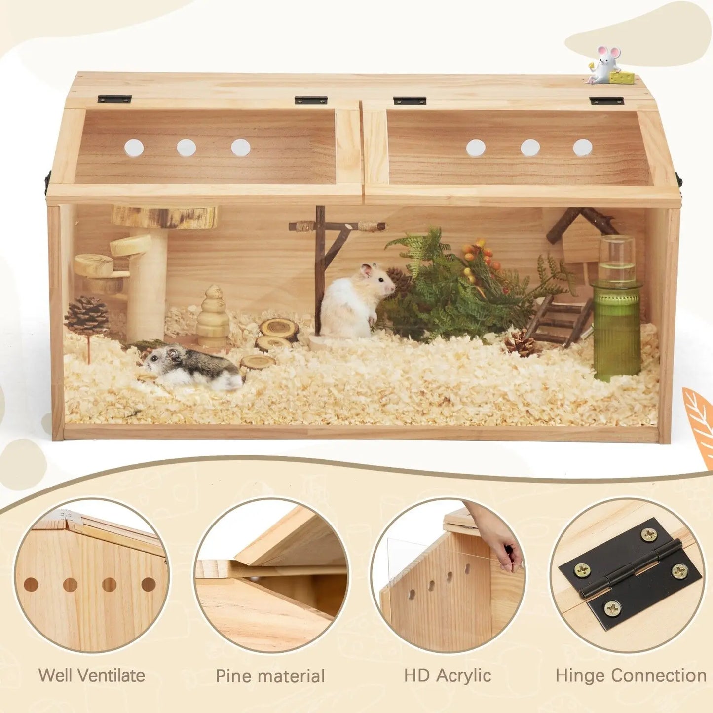 Wooden Hamster Cage Hutch Small Animal Hideout with Top