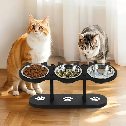 Elevated Tilted Cat Bowls with Wooden Stand Stainless Steel