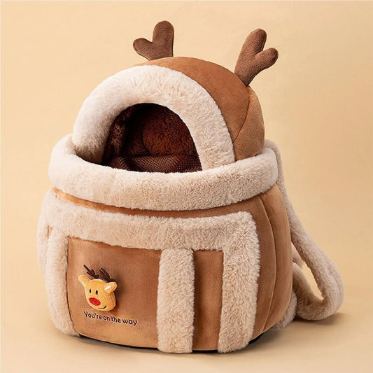 Winter Pet Backpack Carrier Plush Elk Design for Cats Puppies